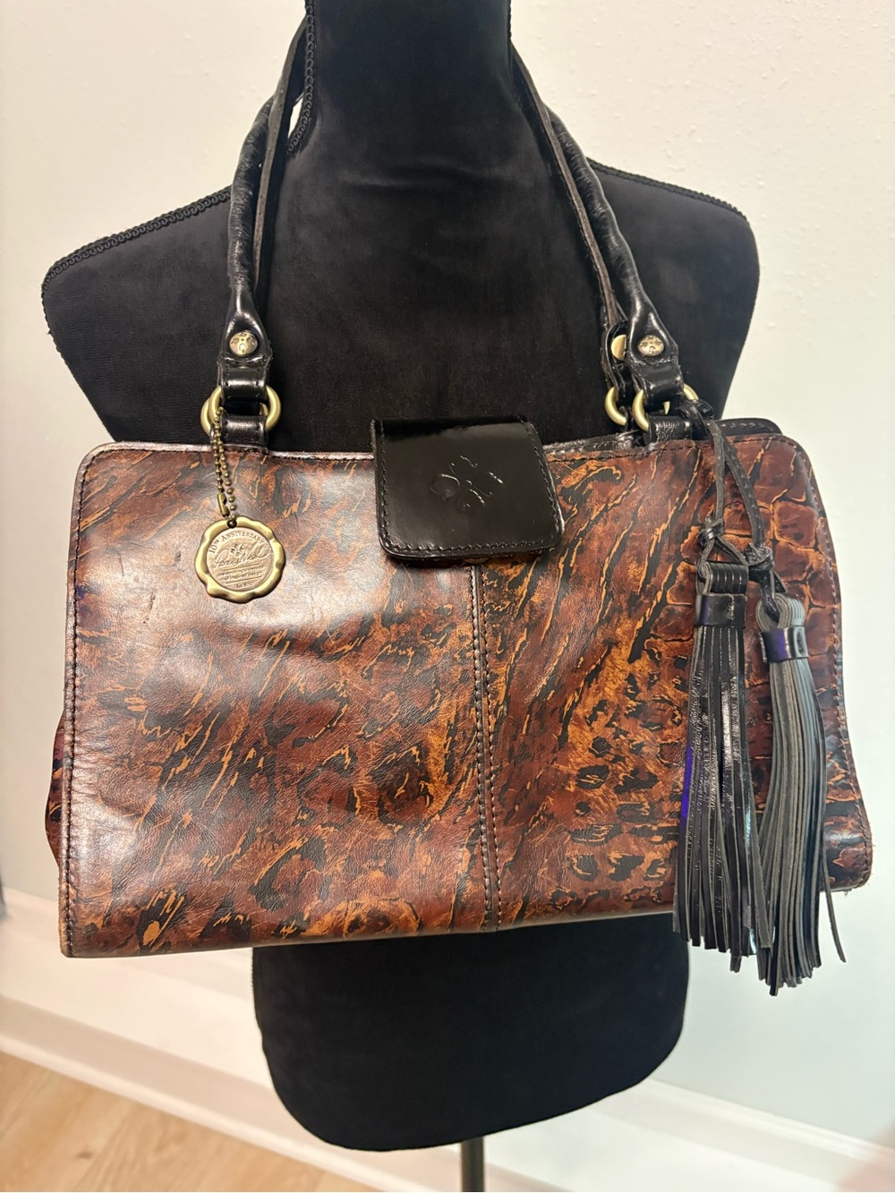 Patricia Nash Brown Leopard-Print Leather Satchel with Tassels - Picture 14 of 15